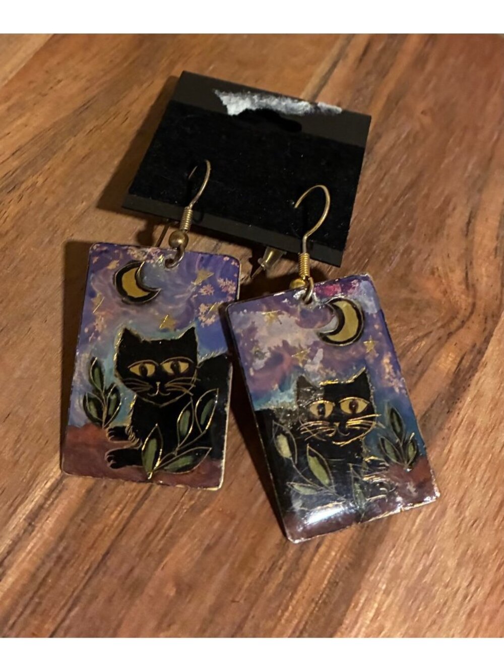 Vintage Jewelry Black Cat Moon Metallic Dangle Earrings